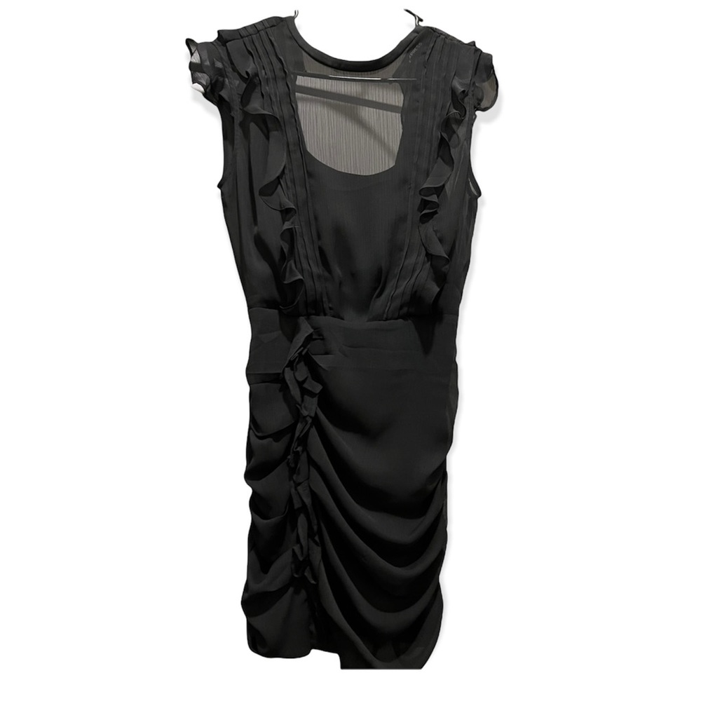 Express black dress with ruffle details and a flattering ruched skirt.